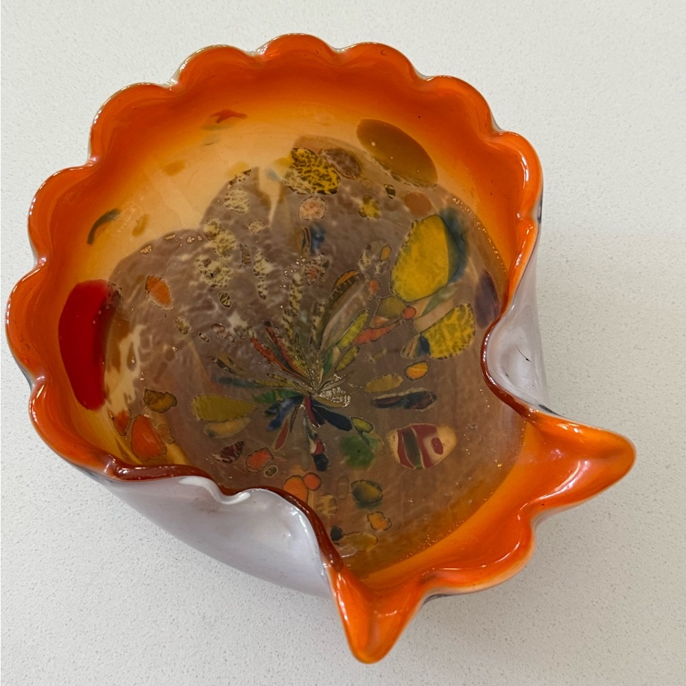 Vintage Murano‎ Art Glass Tutti Frutti Orange Gold Millefiori Swirl Wide Bowl